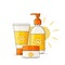 sunscreen skincare product set, summer cosmetics, spf formula, orange sun label vector illustration