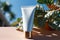 Sunscreen tube resting near a lush potted plant, sun protection