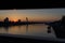 Sunset above Danube river enframed by bridge handrail