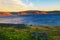 Sunset above fjord landscape near Patreksfjordur in the Westfjords, Iceland