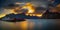 Sunset above mount Olstind and the village of Hamnoy in Norway