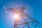 Sunset above the powerline and the blue clear sky