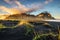 Sunset above Vestrahorn and its black sand beach in Iceland