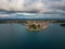 Sunset aerial panorama of old town Rovinj, famous ancient Croatian city at the sea. Istria, Croatia.