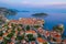 Sunset aerial view of Croatian town Dubrovnik, Lovrijenac fortress and Lokrum island