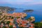 Sunset aerial view of Croatian town Dubrovnik, Lovrijenac fortress and Lokrum island
