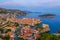 Sunset aerial view of Croatian town Dubrovnik, Lovrijenac fortress and Lokrum island