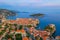 Sunset aerial view of Croatian town Dubrovnik, Lovrijenac fortress and Lokrum island