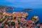 Sunset aerial view of Croatian town Dubrovnik, Lovrijenac fortress and Lokrum island