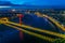 Sunset aerial view of Dusseldorf with Rheinkniebrucke bridge in Germany