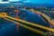 Sunset aerial view of Dusseldorf with Rheinkniebrucke bridge in Germany