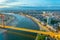 Sunset aerial view of Dusseldorf with Rheinkniebrucke bridge in Germany