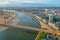 Sunset aerial view of Dusseldorf with Rheinkniebrucke bridge in Germany