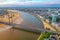 Sunset aerial view of Dusseldorf with Rheinkniebrucke bridge in Germany