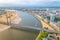 Sunset aerial view of Dusseldorf with Rheinkniebrucke bridge in Germany