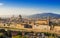 Sunset aerial view of Florence with Cathedral of Santa Maria del Fiore Duomo , Palazzo Vecchio and Ponte Vecchio