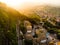 Sunset aerial view of San Marino microstate and Emilia-Romagna region of Italy from the rooftops of the city of San Marino