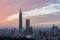 Sunset Aerial view of the Taipei 101 and cityscape from Xiangshan