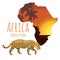 Sunset Africa continent with gepard vector illustration. Orange and black silhouette of map of Africa, cartoon wild