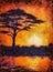 Sunset in africa with a tree silhouette, beautiful colorful painting, with computer graphic finish, aquarell effect