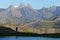 Sunset on the Aiguilles d`Arves peaks and a silhouette