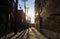 Sunset in the alley of old brick buildings - backyard, power lines, trees, garbage tank