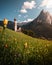 Sunset in Alpe di Siusi, with view of a church