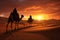 Sunset in the Arabian desert, 3D camels traverse sandy dunes