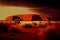 Sunset in the arid Australian desert with red dirt and large rock formation