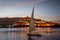 Sunset in Aswan Egypt with Felucca boat on the Nile river