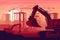 Sunset background with heavy machinery and city under construction with excavator, wheel excavator, concrete truck and telescopic