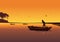 Sunset background with river. Silhouette of man in boat rowing