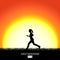 Sunset background with running woman black silhouette. Burning sun sets over the horizon. Evening dawning background.