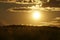 Sunset backlit on a grain wheat or barley field. Amazing sunset, dramatic scenic landscape.