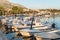 Sunset in Baska Voda town with Adriatic Sea and boats, Croatia