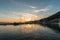 Sunset in Baska Voda town with Adriatic Sea and boats, Croatia