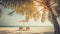 Sunset beach banner getaway couple destination scenic, honeymoon wallpaper. Palm tree idyllic sky sea sand