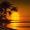 The sunset at the beach, bathed in yellow neon hues, casts a beautiful silhouette against the backdrop of coconut tree
