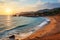 Sunset on the beach of Cala Figuera, Sardinia, Kaputas beach. People enjoy sun and sea at the beautiful turquoise sea and sandy