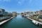 SUNSET BEACH, CALIFORNIA - 16 JUL 2021: Captain Jacks on Pacific Coast Highway, seen from the Huntington Harbour canal side