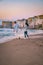 Sunset at the beach of Cefalu Sicily, old town of Cefalu Sicilia panoramic view at the colorful village