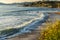 Sunset on the beach. Cliffs and blue ocean. Pismo Beach, CA