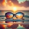 Sunset on the beach of dreams, beautiful and gorgeous sunglasses, the lens reflects the enchanting water magic park