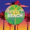 Sunset Beach Flyer, Baner, Invitation Tropical sunrise at seashore, sea landscape with palms, minimalistic illustration