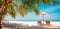 Sunset beach getaway couple destination scenic, honeymoon panoramic wallpaper. Palm tree idyllic sky sea sand