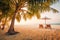 Sunset beach getaway couple destination scenic, honeymoon wallpaper. Palm tree idyllic sky sea sand