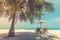 Sunset beach getaway couple destination scenic, honeymoon wallpaper. Palm tree idyllic sky sea sand