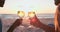 Sunset, beach and hands of couple with wine for love, relax or celebrate anniversary date. Closeup, people and cheers at