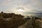 Sunset on a beach at Nora archeological site, near city of Pula, island of Sardinia