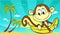 Sunset on beach with palm and cute monkey and banana - vector